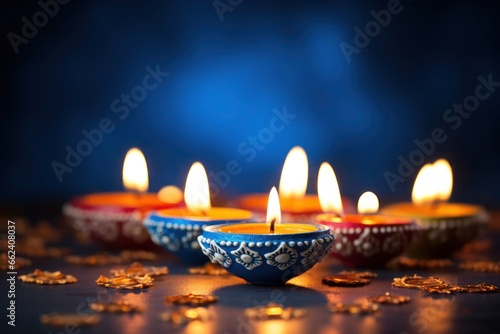 Beautiful clay diya lamps lit during diwali celebration