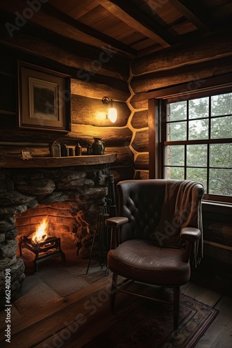 chairs in front of a fireplace in a log cabin