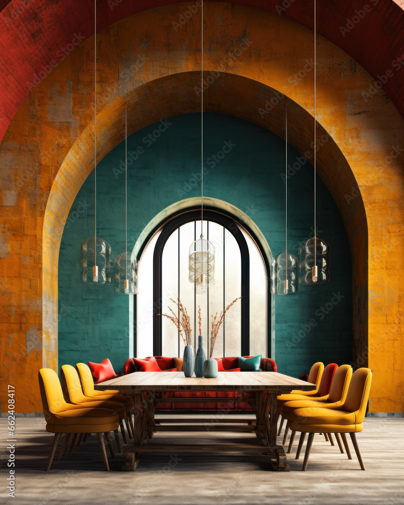 A very bright and colorful room with colored chairs and a table, an arched window