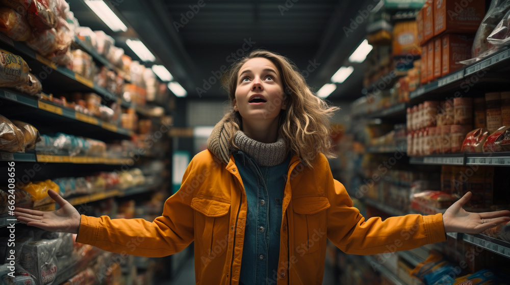 Young woman in supermarket, amazed and surprised expression with spread arms and open mouth about increase in food prices