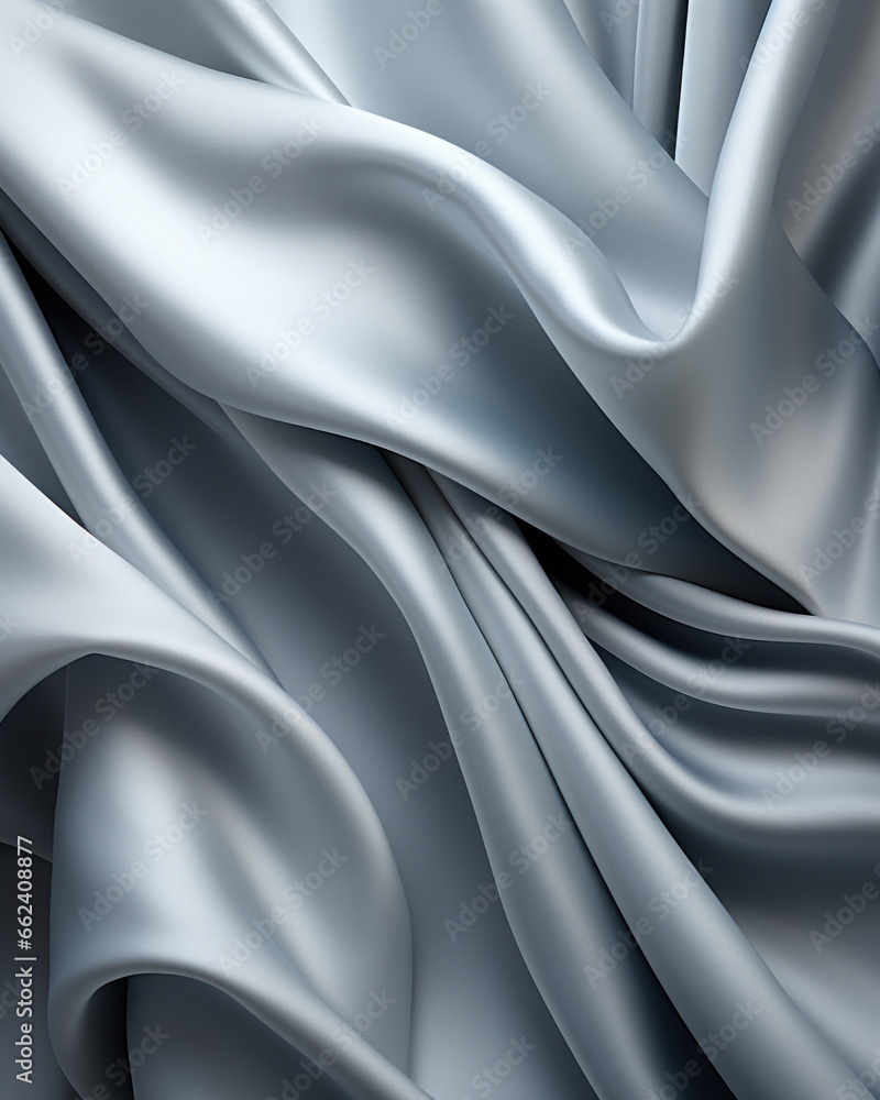 Fototapeta premium Background of flowing shiny gray silver satin or silk, fashionable bright background of smooth silky fabric