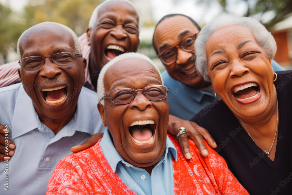 Group of senior african american friends embracing and posing for the camera. Happy retired friends enjoying life and laughing together. - obrazy, fototapety, plakaty 