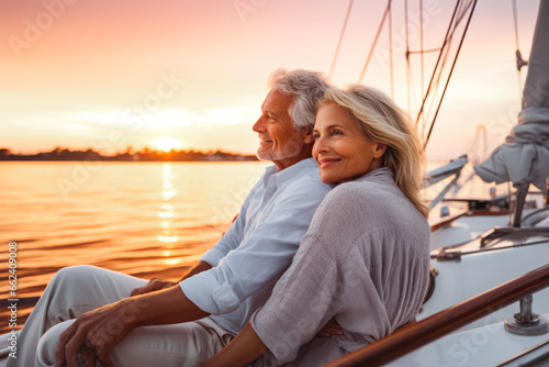 Enjoying luxury life. Beautiful senior couple enjoying cruise vacation on a sunny day. Retired couple on a yacht sailboat. © VisualProduction