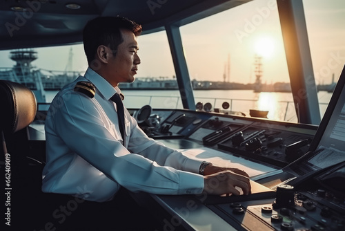 Duty officer handle of a ship navigation. Young confident attractive captain on a ship portrait. Bridge and navigational equipment on container ship photo