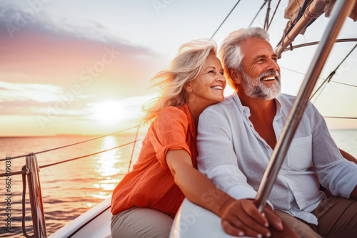 Enjoying luxury life. Beautiful senior couple enjoying cruise vacation on a sunny day. Retired couple on a yacht sailboat. photo