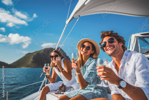 Group of caucasian people on a luxury sail boat. Caucasian group of friends enjoying luxury vacation on a yacht. Friends having a party on a boat. © VisualProduction