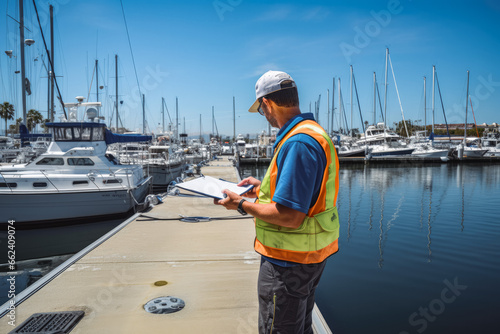 Harbor master supervisor doing survey and inspection the the ships and logistics. Person in reflective vest standing on dock, doing inspection. photo