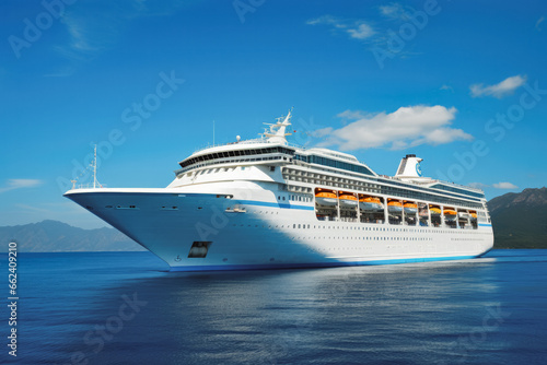Sea cruises. Big luxury cruise ship photographed from the side. Tropical vacation on the cruise ship with luxury. © VisualProduction