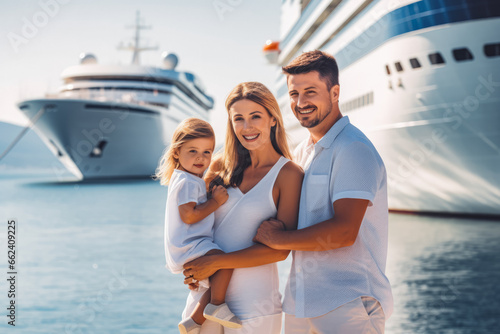 Sea cruises family on board. Family taking a luxury vacation on a cruise ship in the Caribbean. Happy rich family portrait on a big cruise ship. © VisualProduction