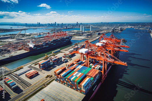 Trade ships and containers port of New York and New Jersey. Big cargo export port in big city. Aerial view of cargo vessels in the port.