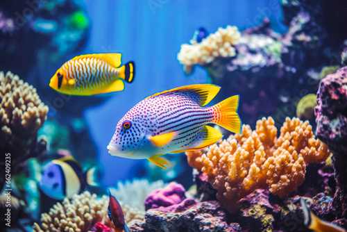 Tropical sea underwater fishes on coral reef. Beautiful marine sea life and exotic fishes in the aquarium. Wildlife in the ocean coral reef. photo