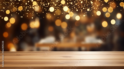 Empty wooden table top with Christmas ornaments and golden color bokeh lights