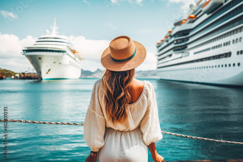 Woman tourist standing in front of a big cruise ship. Beautiful young woman in a white dress looking at a cruise ship, waiting for vacation. photo