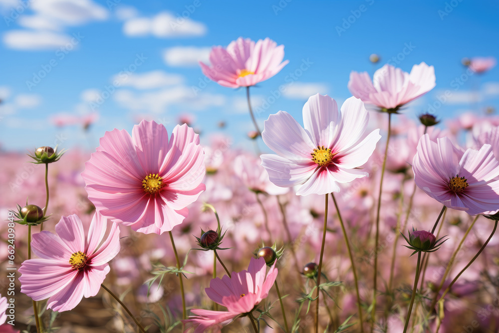 Fototapeta premium Vibrant pink and white cosmos flowers blooming in a sunny field under a clear blue sky.