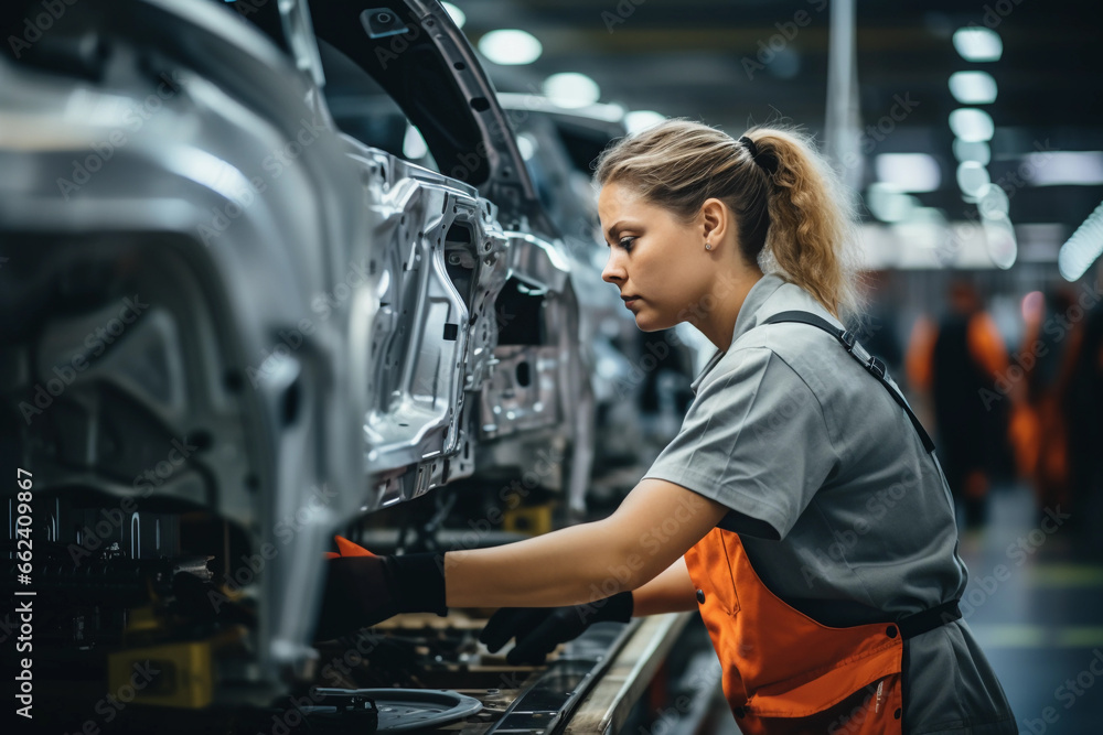 Young female worker working in a production line of modern car manufacturing factory, engineer working with high - tech machinery Young female worker working in a production line of modern car manufacturing factory, engineer working with high - tech machinery
