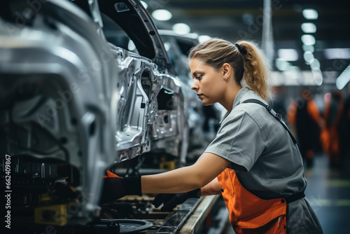Young female worker working in a production line of modern car manufacturing factory, engineer working with high - tech machinery