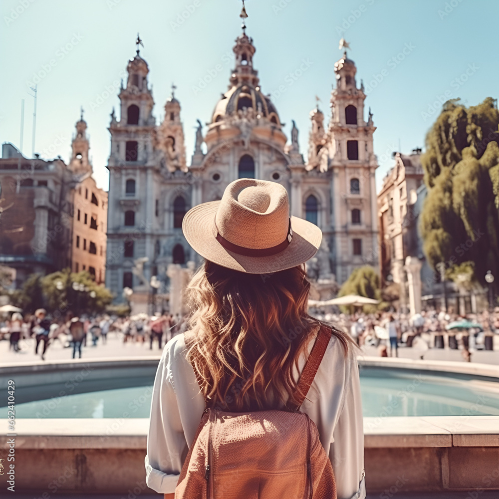 Female casual solo traveller roam alone womna summer casual dress summertime tour walking at famous destination landmark In Europe architecture and heritage city scape vacation travel, Generative AI