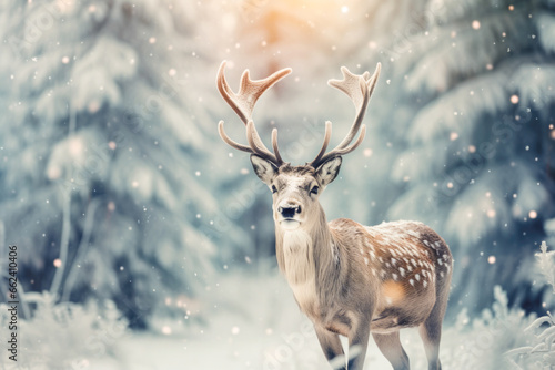 Winter snow Christmas trees Reindeer background