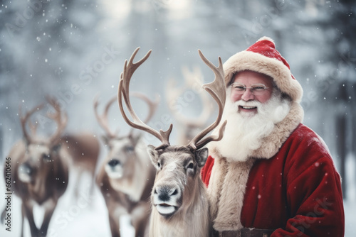 Santa claus portrait and Reindeers background winter
