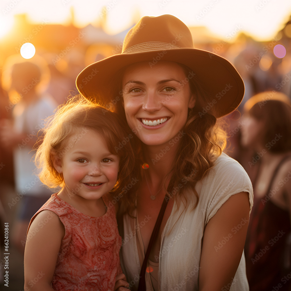 young adult woman with her child, son, at a village festival or city festival at sunset, sun hat and crowd, Generative AI