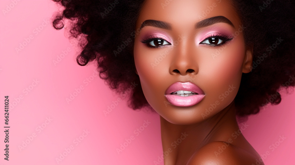 Beautiful black skin woman with pink lips, fashion make up eyeshadow, on pink background