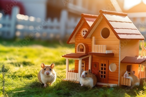 A family of Syrian red hamsters on a green lawn next to a small house in the rays of sunlight . Pets in nature photo