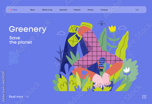 Greenery, ecology -modern flat vector concept illustration of a female gardener carrying the plants. Metaphor of environmental sustainability and protection, closeness to nature