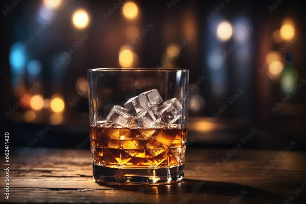 a glass of whiskey soda with ice cubes on a wooden background. ai generative a glass of whiskey soda with ice cubes on a wooden background. ai generative