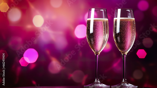 Champagne glasses sparkle like ephemeral stars on New Year's Eve. Champagne glasses on magenta background for celebration and festivity in a toast.