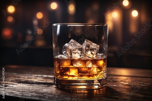 a glass of whiskey soda with ice cubes on a wooden background. ai generative