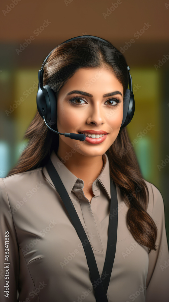 Female businesswoman working in the call center with headset, a smiling call center agent wearing a headset Female businesswoman working in the call center with headset, a smiling call center agent wearing a headset