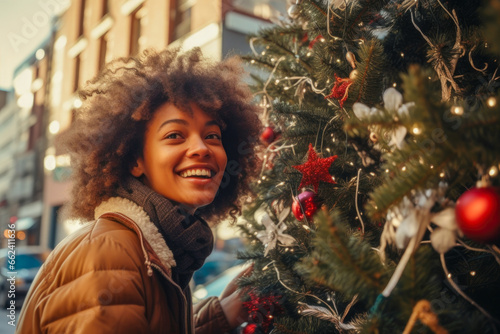 Happy portrait Afro American kid on the street in christmas