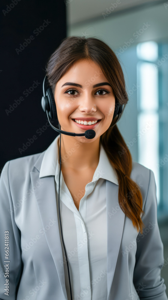 Female businesswoman working in the call center with headset, a smiling call center agent wearing a headset Female businesswoman working in the call center with headset, a smiling call center agent wearing a headset