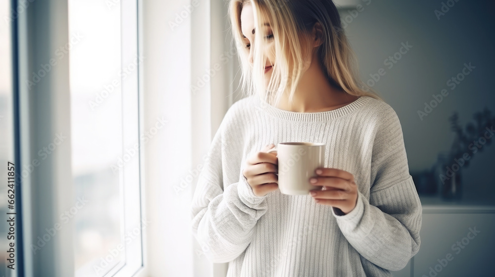 beautiful young woman in pajamas holds a cup of coffee or tea against the background of the bedroom, morning at home, girl, breakfast, weekend, cozy interior, daylight, pastel colors, smiling beautiful young woman in pajamas holds a cup of coffee or tea against the background of the bedroom, morning at home, girl, breakfast, weekend, cozy interior, daylight, pastel colors, smiling