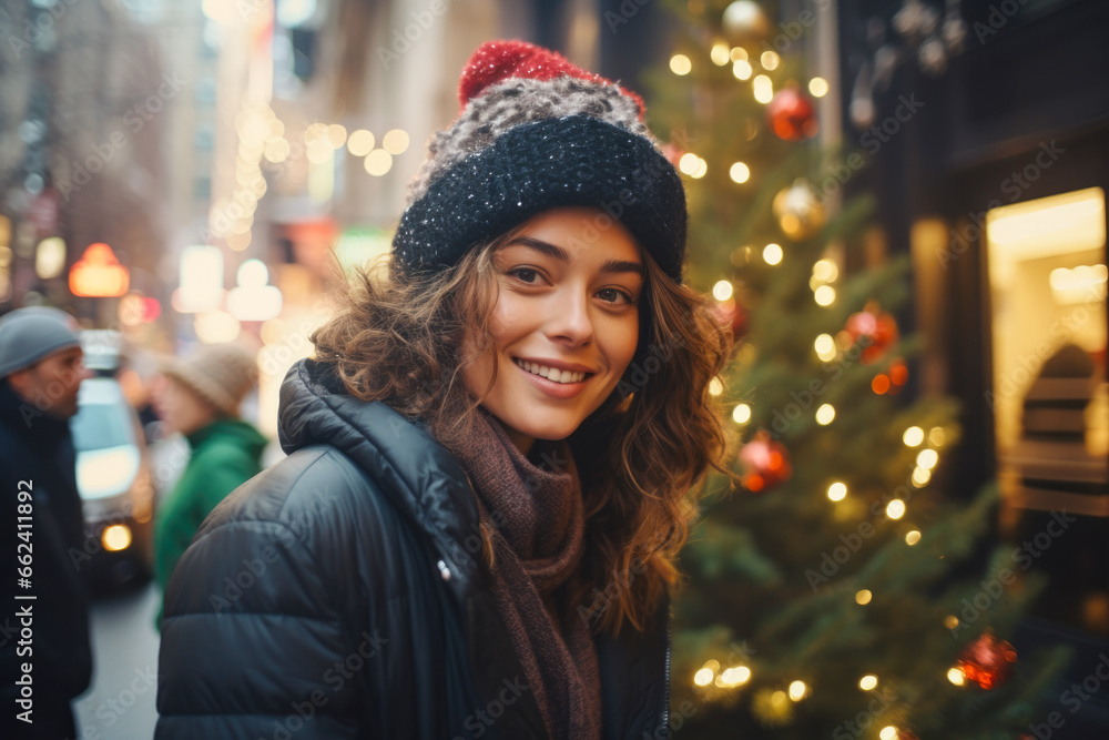 Happy portrait of beautiful woman on the Christmas street Happy portrait of beautiful woman on the Christmas street