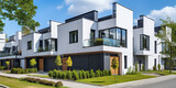 Modern modular private white townhouses. Minimalist residential architecture exterior.