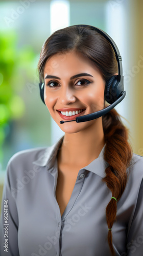 Female businesswoman working in the call center with headset, a smiling call center agent wearing a headset