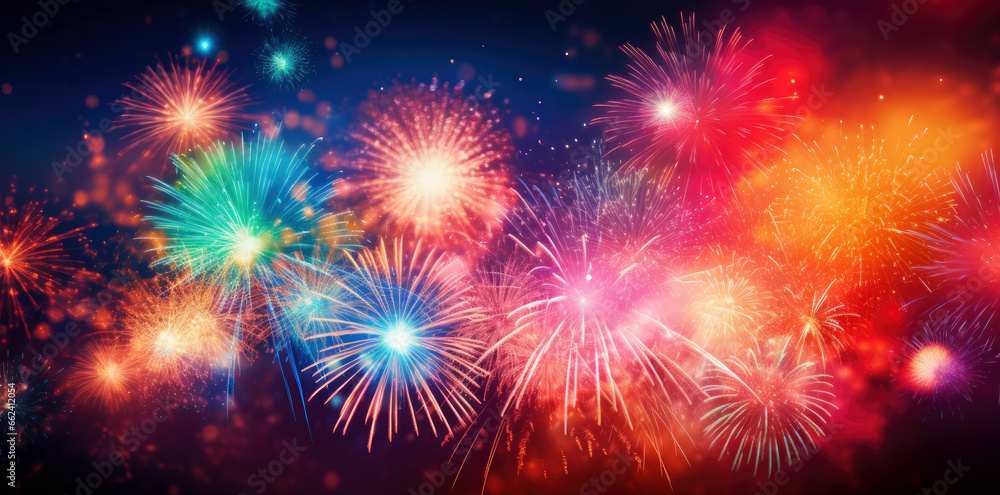 Naklejka premium fireworks at night. happy new year. abstract holiday background. Colorful firework with bokeh background.