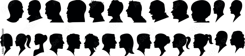 faceless black female, male icons set. Women, men, girls, guys, boys silhouette with different hairdo styles. Member heads and shoulders. Vector collection isolated on white for web, apps.