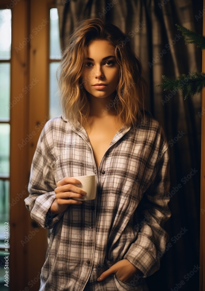 beautiful young woman in pajamas holds a cup of coffee or tea against the background of the bedroom, morning at home, girl, breakfast, weekend, cozy interior, daylight, pastel colors, smiling beautiful young woman in pajamas holds a cup of coffee or tea against the background of the bedroom, morning at home, girl, breakfast, weekend, cozy interior, daylight, pastel colors, smiling