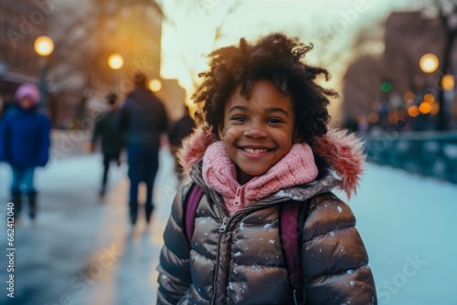 Happy portrait African-American curly girl on the street at Christmas time