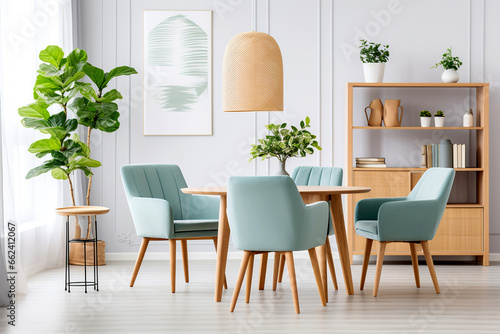 Round wooden dining table and blue chairs. Scandinavian  mid-century home interior design of modern dining room.