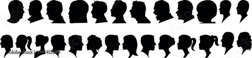 faceless black female, male icons set. Women, men, girls, guys, boys silhouette with different hairdo styles. Member heads and shoulders. Vector collection isolated on white for web, apps.