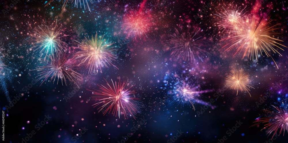 Naklejka premium fireworks at night. happy new year. abstract holiday background. Colorful firework with bokeh background.