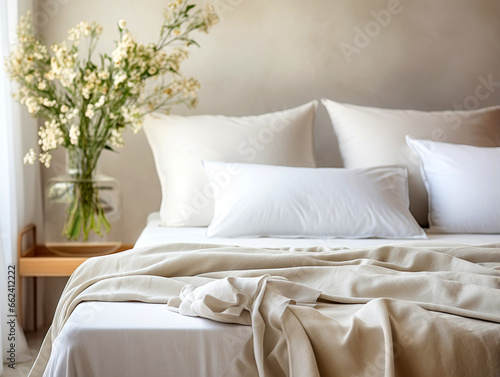 Close up of bed with beige pillows and blanket. Rustic wooden bedside table against beige wall. French country interior design of modern bedroom.