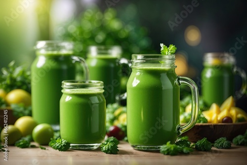 Green health smoothie in glass jar mugs for vegetarian. ai generative