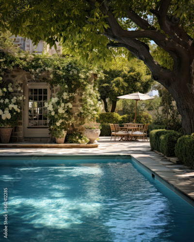 Swimming pool at home in a warm Mediterranean climate   outdoor pool with scattered shrubs and flowers around it