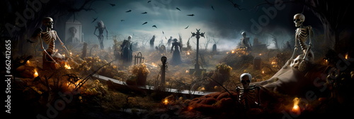 skeletons rising from graves from earth on halloween mystic
