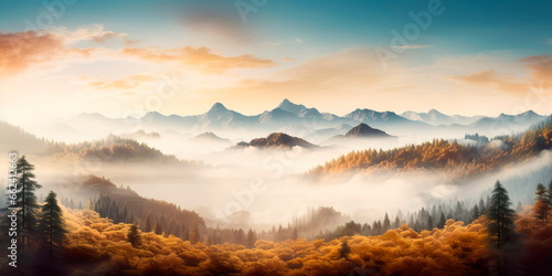 panoramic illustration of a misty autumn morning in the mountains, with golden trees and a glimpse of distant peaks. Generative Ai