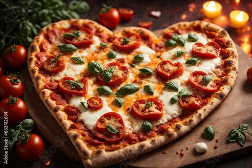 top view Heart shaped pizza with mozzarella and tomatoes. ai generative